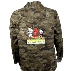 The Blind Medium | Camo Distressed Denim Jacket ‘You Can Sit With Us’  Shacket